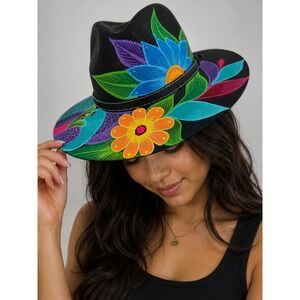 Mexican Artisan Hand Painted Black Floral Peacock Fedora Wide Brim Sun Hat NWT